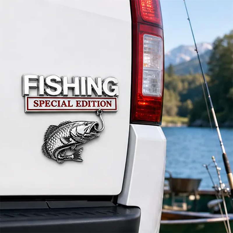 Fishing Hook - Verchromtes Fisch-Haken-Emblem aus Metall mit Sonderedition-Schriftzug